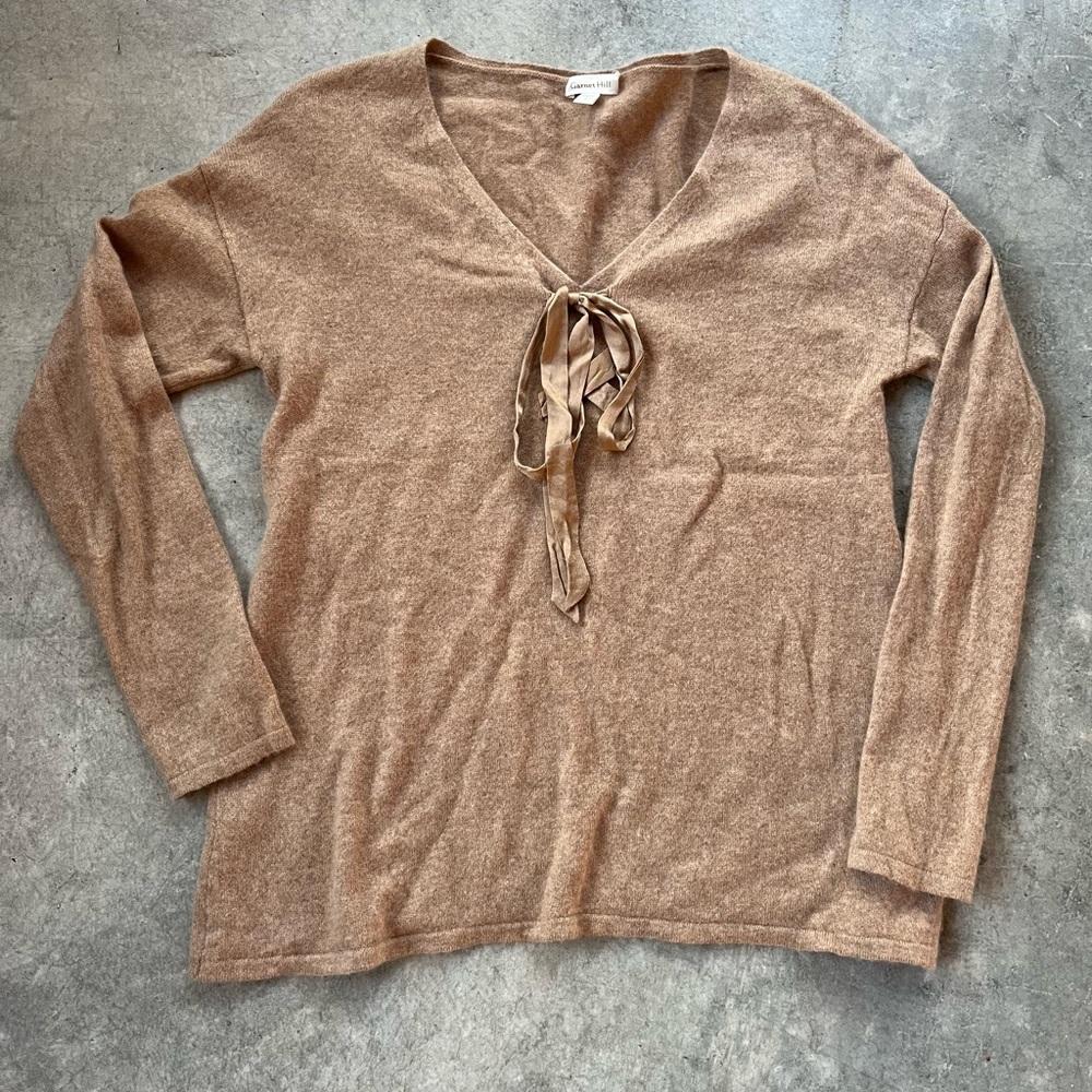 Garnet Hill 100% Cashmere Sweater V-neck Bow Detail Small